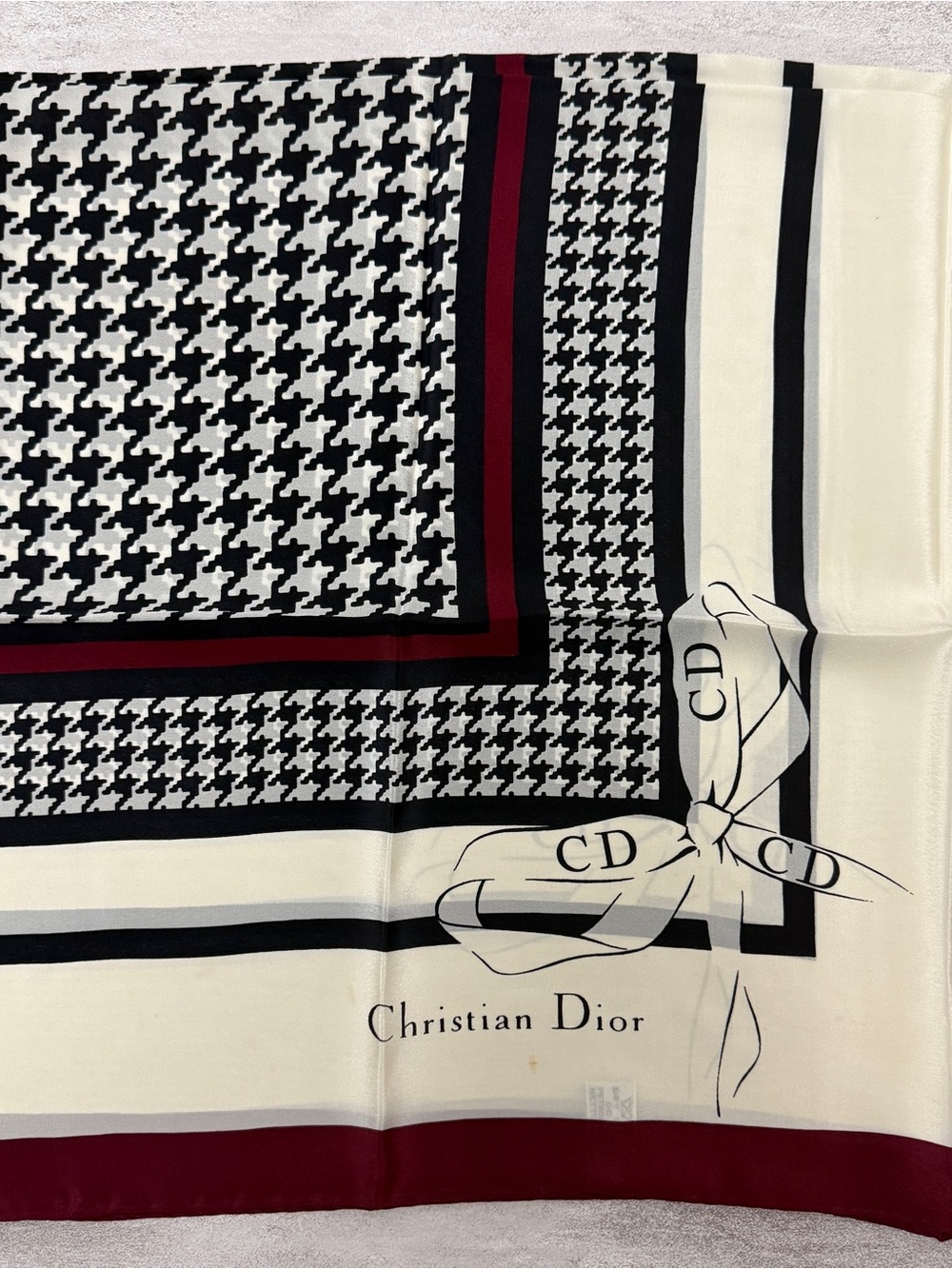 Dior Burgundy, Ivory and Black Houndstooth Silk-Feel Square Scarf - Picture 2 of 9